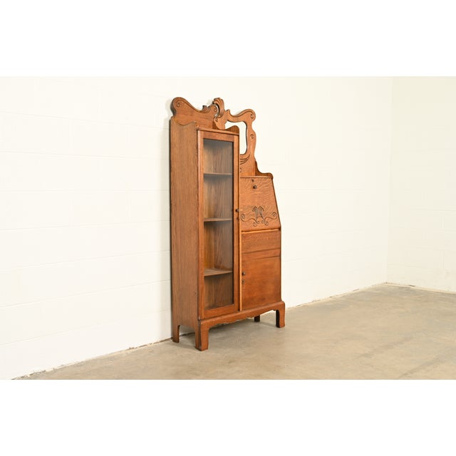 Baker Furniture Company Antique Victorian Carved Oak Side-by-Side Bookcase With Drop Front Secretary Desk, Circa 1900 For Sale - Image 4 of 12
