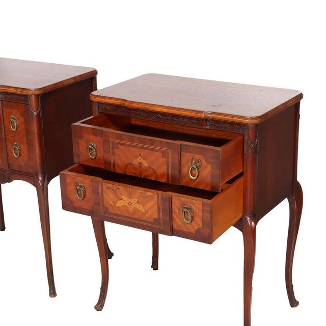 Pair of Antique French Louis XV Mahogany & Satinwood Inlaid 2-Drawer Stands For Sale - Image 9 of 13