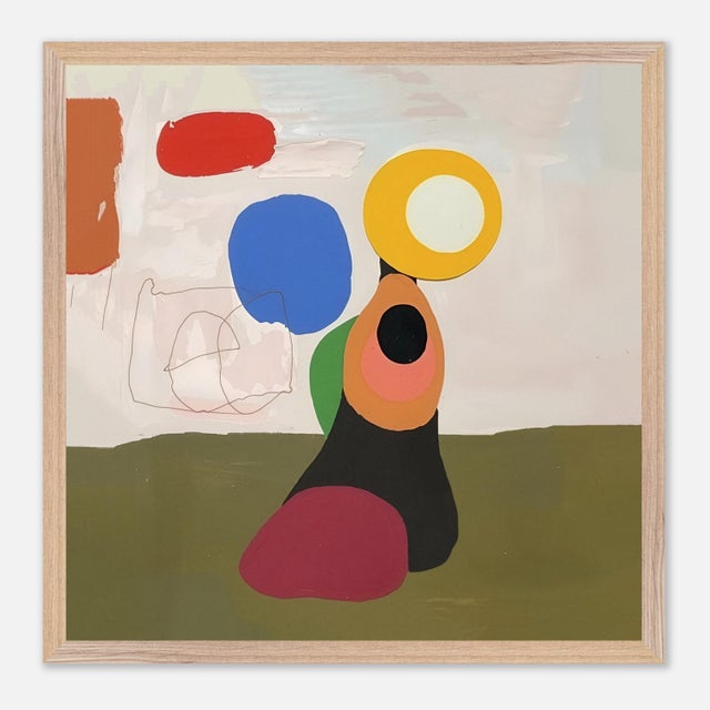 An abstract modern artwork on archival quality matte paper in a colorful palette framed in natural wood. Arrives ready to...