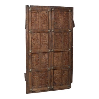 Antique Indian Carved Teakwood and Brass “Folk Art” Door, C. 1880 For Sale