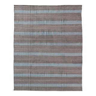 Modern Kilim Casual Rug With Stripes in Shades of Blue Gray and Charcoal For Sale