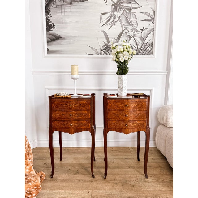 Mid-Century French Louis XV Style Marquetry Nightstands, 1950s, Set of 2 For Sale - Image 3 of 18