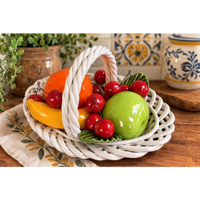 A charming vintage Italian ceramic fruit basket centerpiece from the renowned pottery region of Bassano del Grappa, Italy....