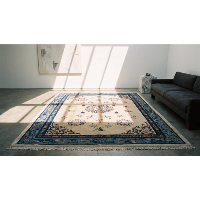 Beige 1930s Beige Floral Medallion Antique Chinese Peking Rug 8' 0" X 10' 0" Handknotted Wool Carpet For Sale - Image 8 of 9