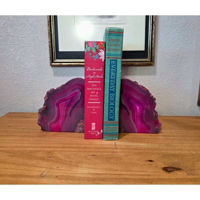 Large Pink Agate Geode Bookends, Polished Natural Stone Crystal Pair With Sculptural Form For Sale - Image 4 of 9