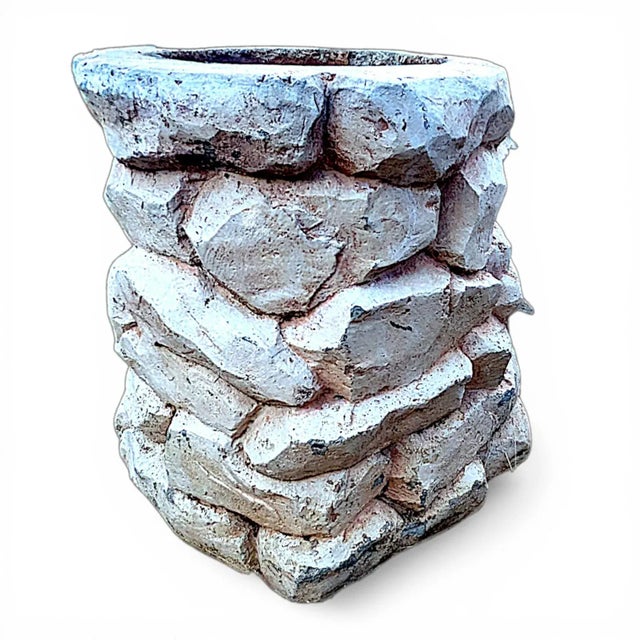 1986 White Washed Faux Stacked Riverstone Outdoor Cement Planter For Sale - Image 14 of 14