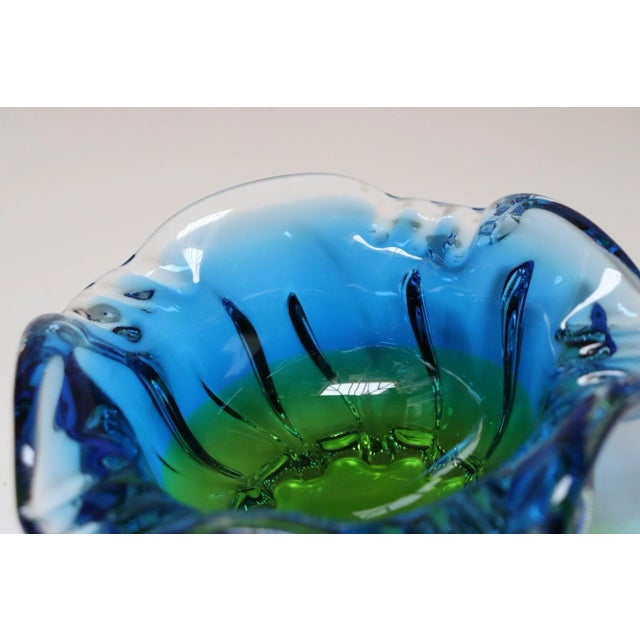 Vintage Italian Blue and Green Art Glass Ashtray / Decorative Footed Bowl For Sale - Image 10 of 12