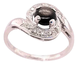 14 Karat White Gold Black Sapphire Contemporary Ring With Diamond Accents, Size 6