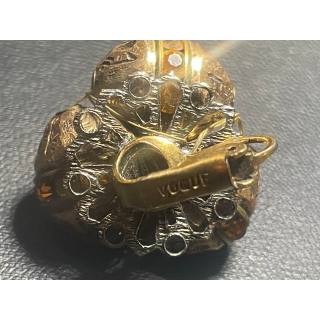 Vogue Retro Mid Century Modern 1960s Pair of Earrings Brutalist Gold Tone With Citrine Ab Crytal, Perfect Condition. For Sale In South Bend - Image 6 of 6