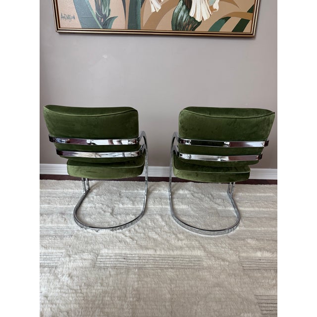 Vintage 1970s Chrome Cantilever Velvet Dining Chairs After Milo Baughman For Sale - Image 10 of 12