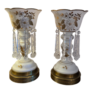 Vintage Mantle Lustres With Crystal Prisms - a Pair