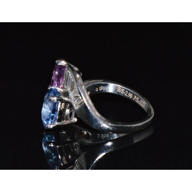 Blue GIA Natural 6.24CTS VS F Diamond Blue And Pink Sapphire Platinum Bypass Ring Band, size 6.75 For Sale - Image 8 of 13
