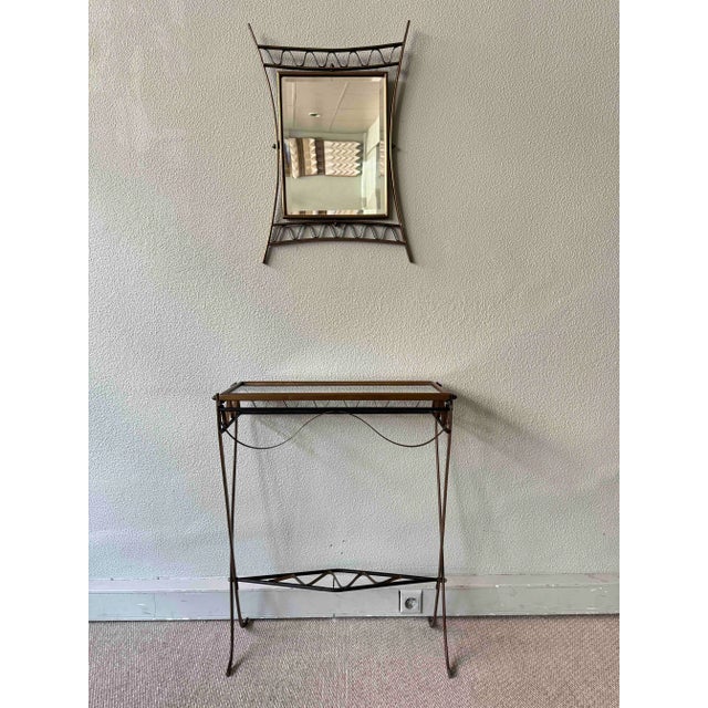 Mid-Century Modern Italian Sculptural Brass, Iron and Glass Mirror and Console, 1950s, Set of 2 For Sale - Image 3 of 18