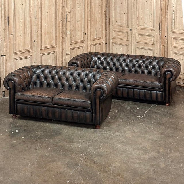 Mid-Century Modern Set of Mid-Century Chesterfield Sofas With Tufted Leather For Sale - Image 3 of 12