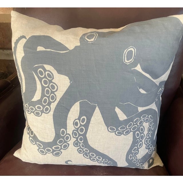 2000's Blue Octopus Linen Cushions P/2 For Sale - Image 4 of 11