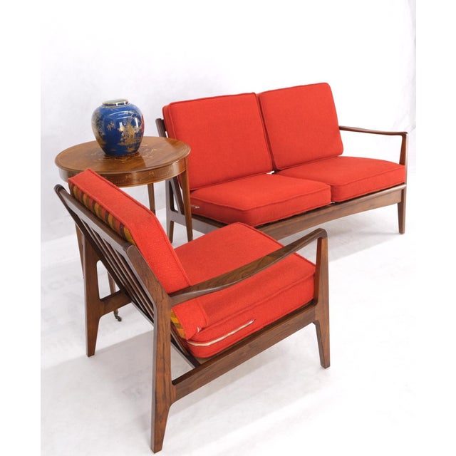 Danish Mid-Century Modern walnut lounge chair settee loveseat couch sofa set listing dimensions reflect combined length....