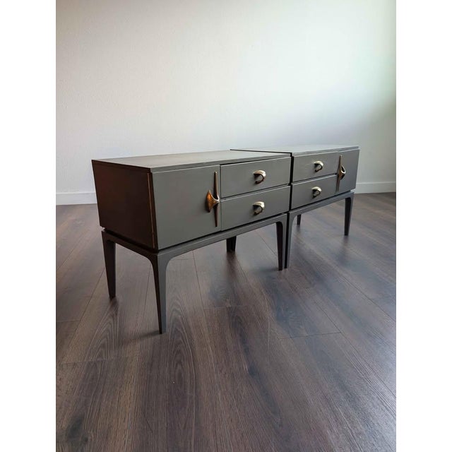Mid Century Modern Pair of Grey Nightstands W/ Amazing Brass Hardware For Sale - Image 10 of 10