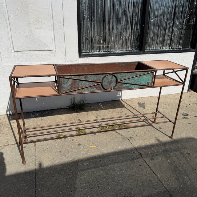 Beautiful Wrought Iron Console with aged copper planter box and tile shelving inserts. The planter box can be flipped to...