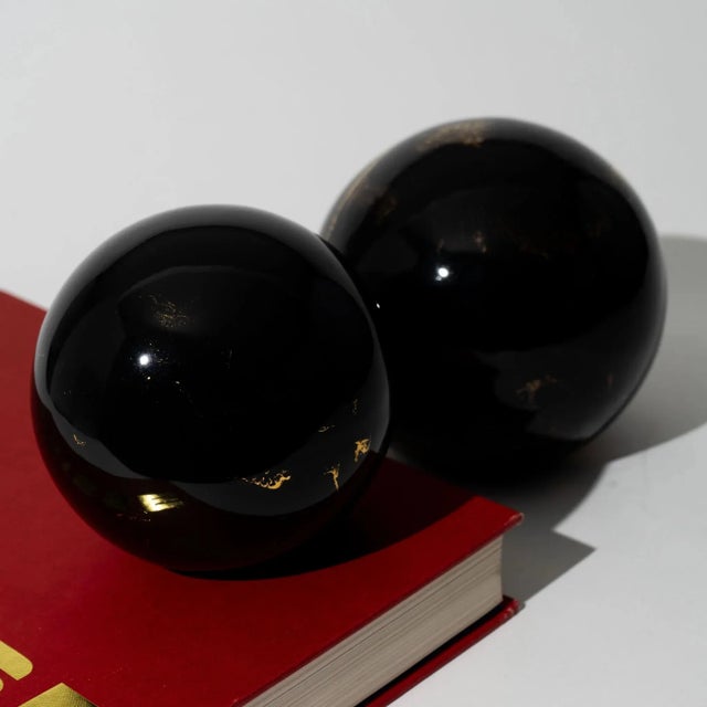 Sascha Brastoff Vintage Black and Gold Ceramic Globes - a Pair For Sale - Image 4 of 12