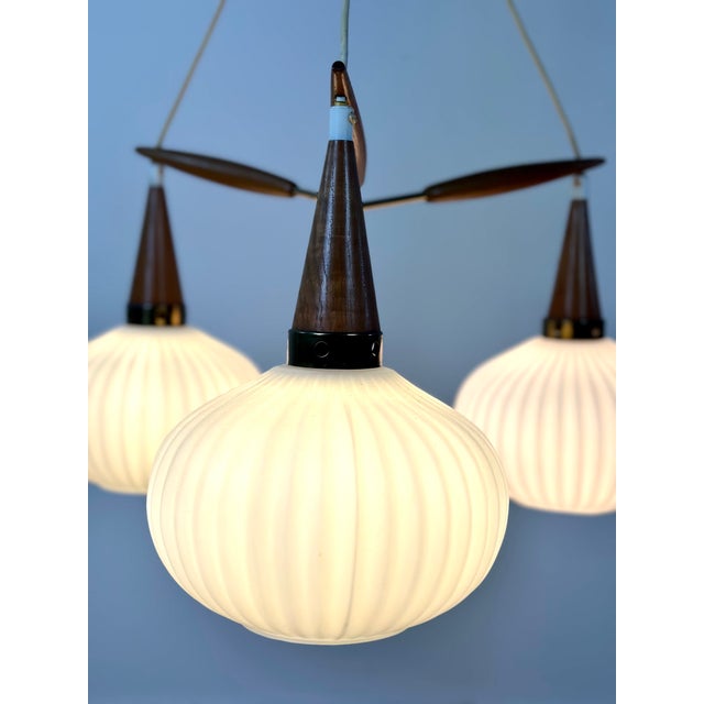 Vintage Scandinavian Chandelier in Brass, Glass, and Teak from Louis Kalff, 1960s For Sale - Image 6 of 12