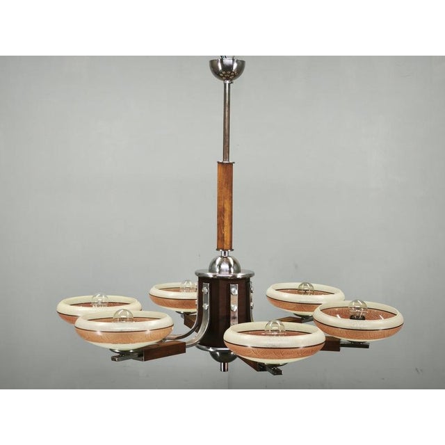 Large Art Deco Wood and Glass Six-Light Chandelier in Chrome, 1930s For Sale - Image 3 of 16