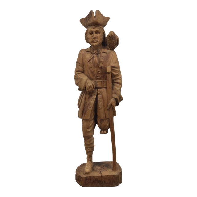 Large Hand Carved Solid Wood Peg Leg Pirate Figure Statue With Parrot For Sale