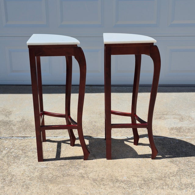 Red Late 20th Century Carved Red Mahogany Stone Top Corner Tables Pedestals Plant Stands, a Pair For Sale - Image 8 of 15