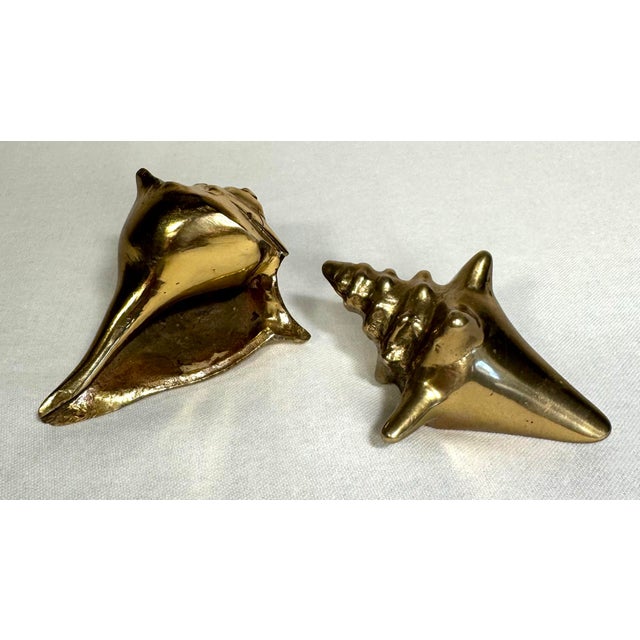 Vintage Coastal Solid Polished Brass Shell Sculpture Decorative Objects, a Pair For Sale - Image 11 of 12