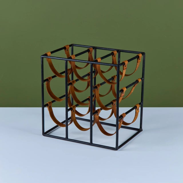 Black Mid 20th Century Arthur Umanoff Wrought Iron and Leather Wine Rack For Sale - Image 8 of 17