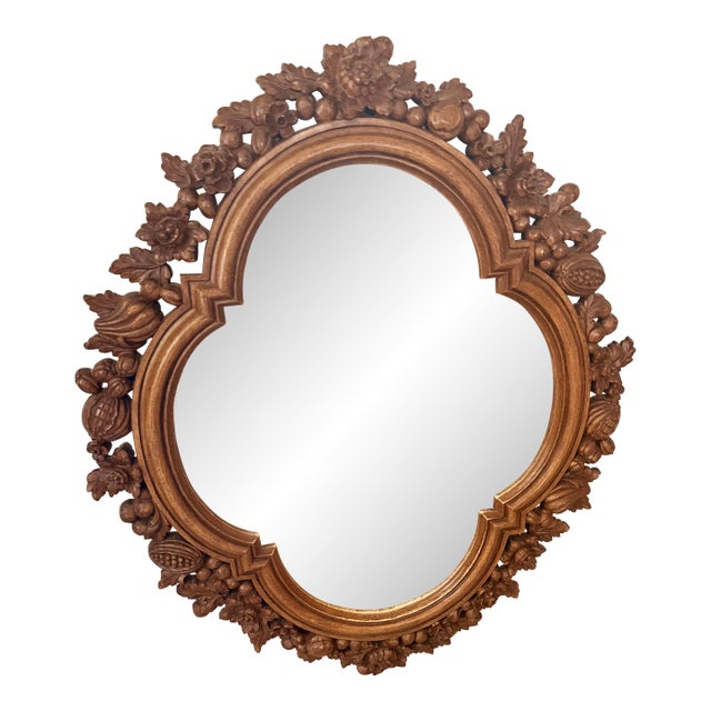 Vintage Walnut Carved Fruit, Nut & Floral Quatrefoil Wall Mirror - 24x30 For Sale