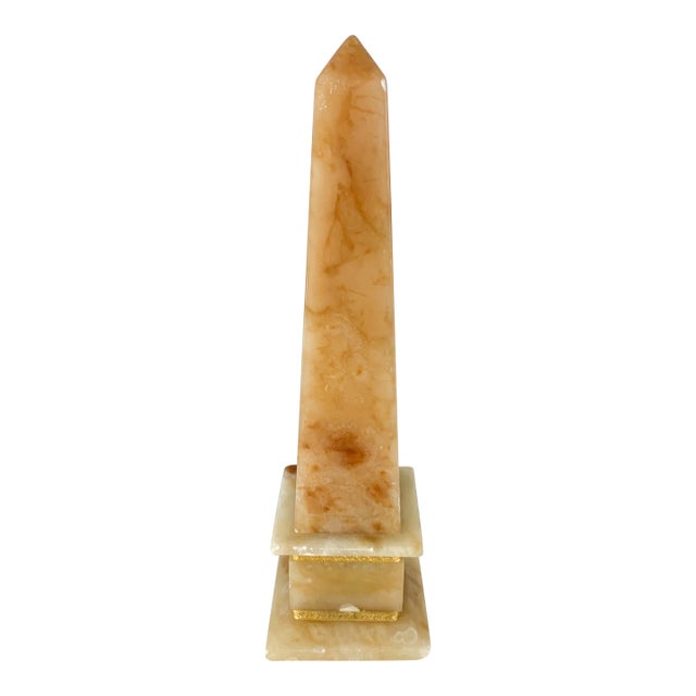 Vintage Egyptian Alabaster Stone Obelisk Hand Carved Gold Trim Sculptured For Sale