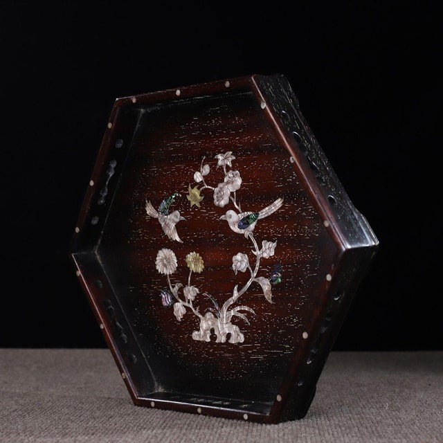Vintage Zitan Wood Hexagonal Tray With Mother-of-Pearl Bird & Floral Inlay For Sale In Los Angeles - Image 6 of 10