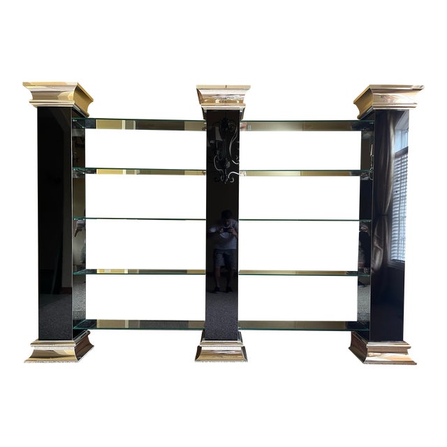 Monumental Black and Chrome Mirrored Glass Bookcase or Display Wall Unit For Sale