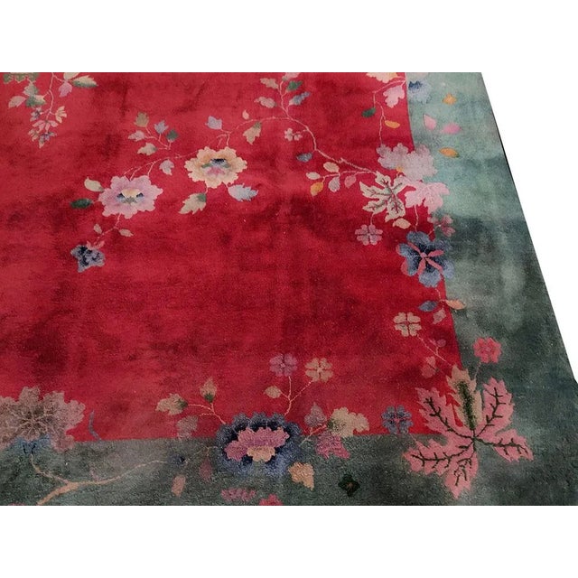 Art Deco 1920s Red Scarlet Foliate Antique Chinese Art Deco Carpet 9'2" X 12'8" Knotted Wool Rug For Sale - Image 3 of 10