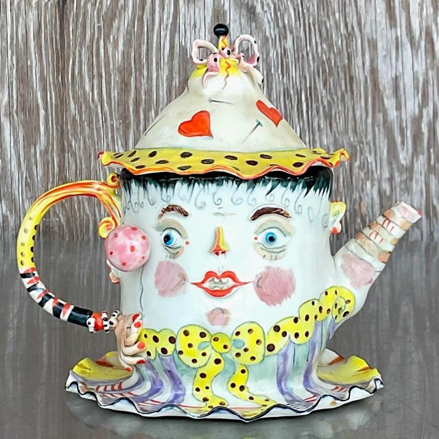 Vintage Face Painted Colorful Tea Pot For Sale - Image 9 of 9