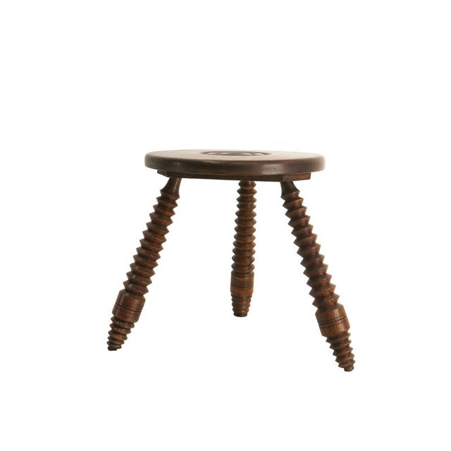 Three Legs Stool Round Oak in the style of Dudouyt, France, 1950 For Sale - Image 3 of 11