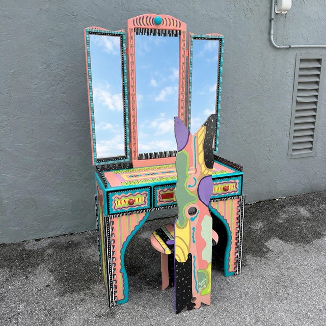 Mirror: 39”w, 41”h Chair: 17.5”w, 14.5”d, 48.5”h, seat height: 17”h Desk table top height: 31.25”h