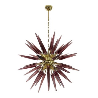 Hand-Blown Murano Glass Sputnik Chandelier, 51 Clear and Amethyst Tips, Brass Frame For Sale