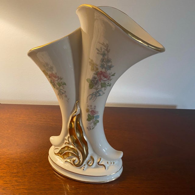 Art Deco Vintage Double Cornucopia China Vase in Floral, Ivory & Gold For Sale - Image 3 of 8