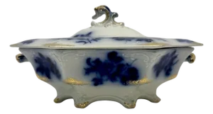 Antique Flow Blue Hutschenreuther Porcelain Tureen Gold Gilt German Circa 1900.
