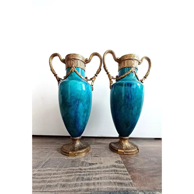 Sevres Bronze Mounted Vases with Green and Blue Glazed Faience, Set of 2 For Sale - Image 6 of 8