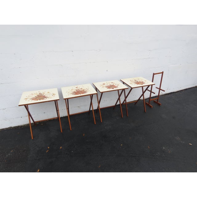 Brown Scheibe Mid Century Folding Wooden Tv Trays Floral Top 4pc Set With Stand 6896 For Sale - Image 8 of 18