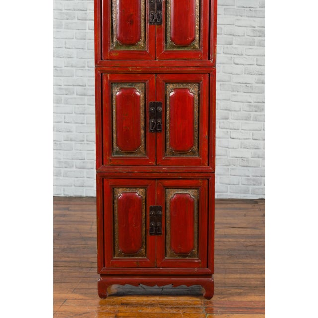 Red Chinese Early 20th Century Red Lacquer Three-Section Stackable Cabinet For Sale - Image 8 of 13