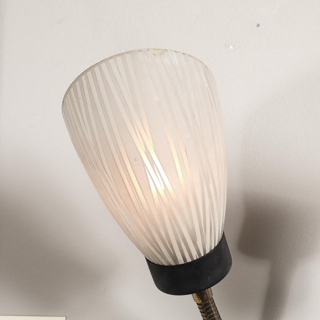 Pair of Mid-Century Tulip Form Articulating Frosted Glass & Brass Fitted Sconces For Sale - Image 4 of 12