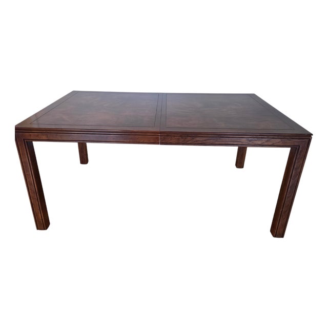 1980s Henredon Scene One Campaign Oak Burlwood Dining Room Parson Table Extension For Sale
