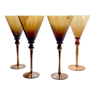 Contemporary Set of 4 Amber-Brown Gold Optic Large Martini All Purpose Glasses For Sale