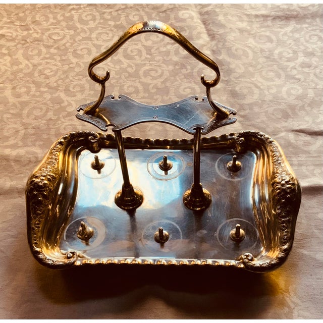 1900 - 1909 Antique Edwardian American Silverplate Egg Cup Set, Six Cups and Six Spoons on Footed Tray - 13 pcs For Sale - Image 5 of 18