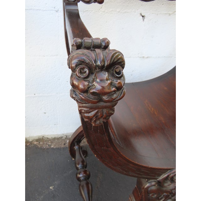 Late 1800s Gothic Heavy Hand Carved Throne His and Hers Curule Chairs 6570d For Sale - Image 13 of 18