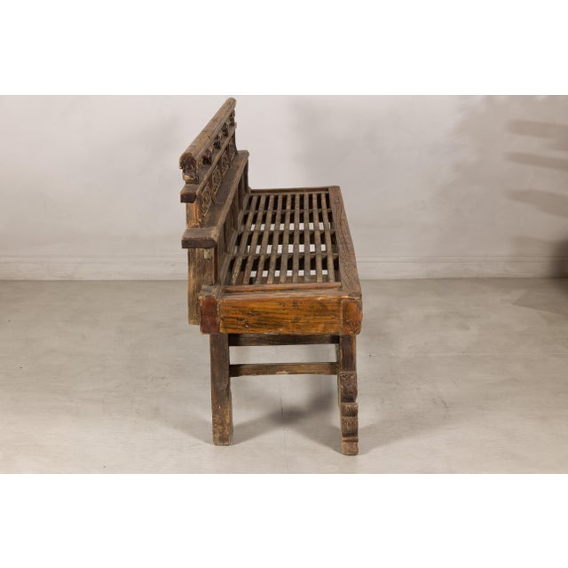 Antique Chinese Rustic Wood Bench with Carved Openwork Back For Sale - Image 13 of 14