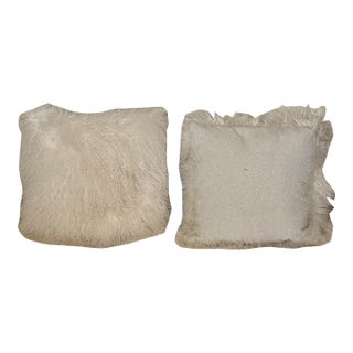 Pair of Genuine White Mongolian Sheepskin & Textured Bouclé Throw Pillows For Sale